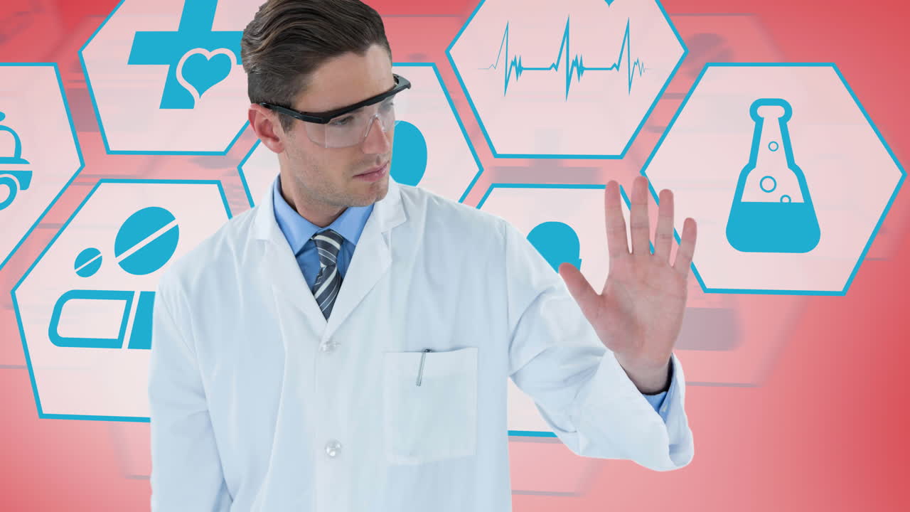 의학 아이콘 위에 남성 의사의 애니메이션