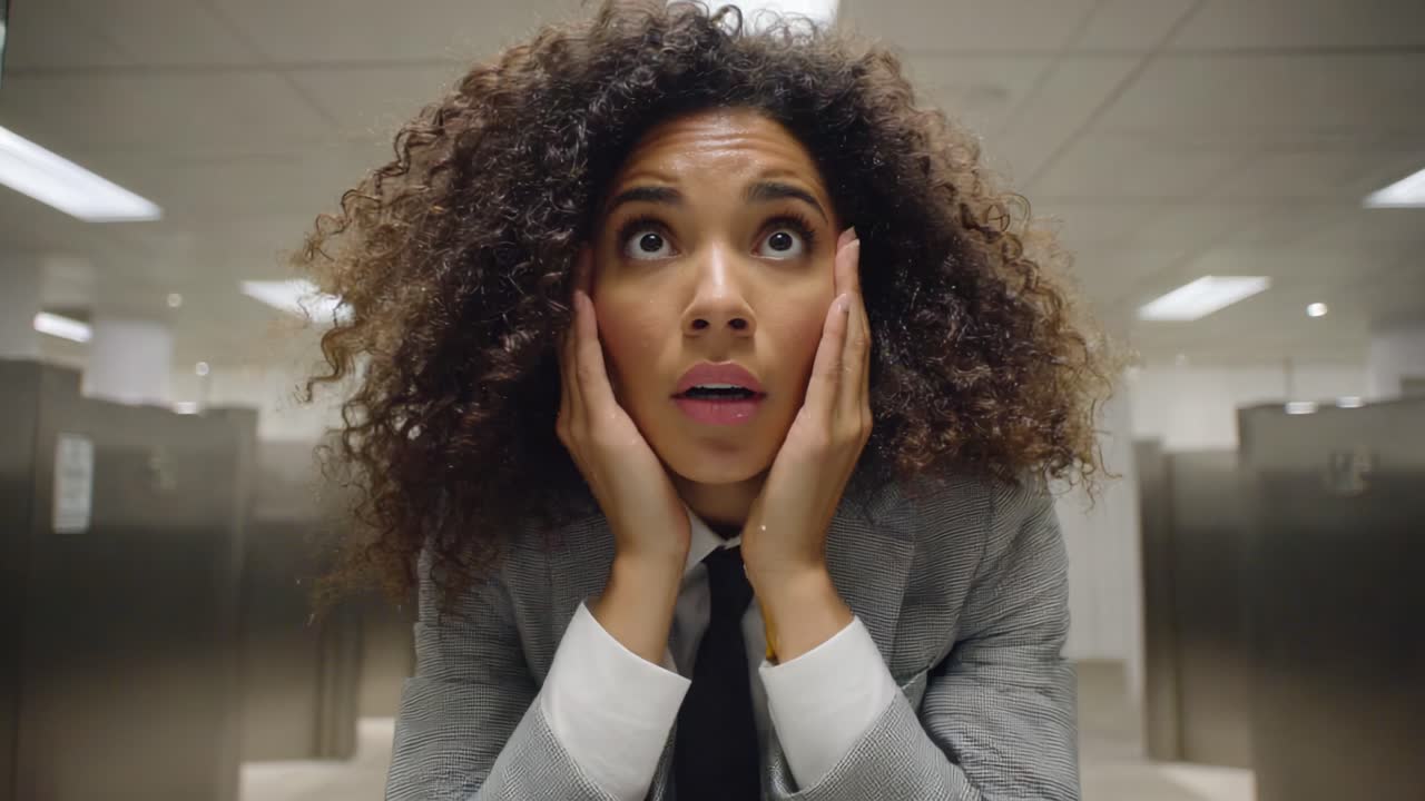 A Young Professional Faces Anxiety and Uncertainty in a Restroom Setting, Captured in an Intense Moment of Reflection and Contemplation Amidst Work Stress