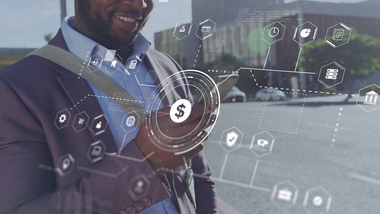 Mature businessman tapping smartphone by curb and viewing expanding financial HUD with dollar icons