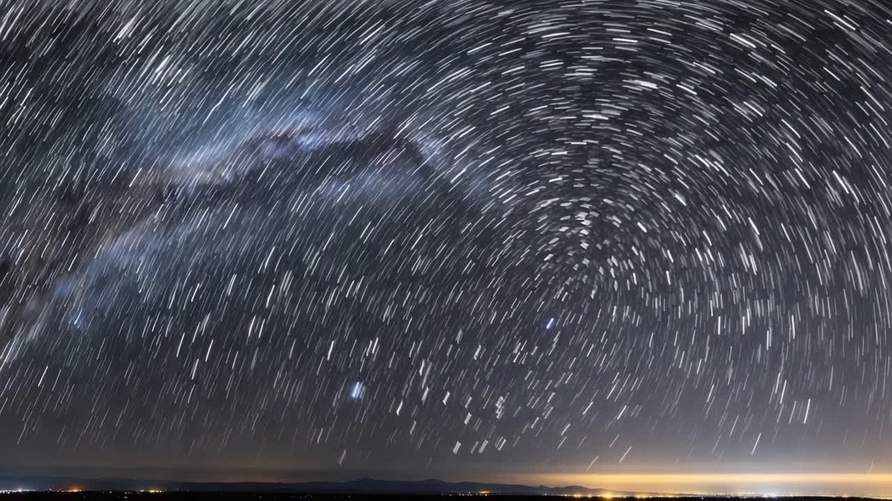 Spectacular Night Sky Timelapse Displaying the Milky Way with Star Trails and Celestial Movements Captured in Stunning Clarity and Depth over a Serene Landscape