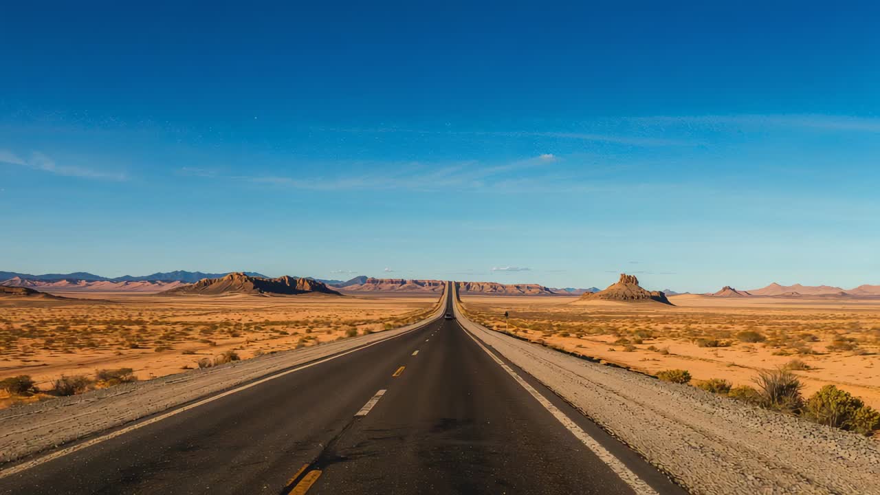 Recording forward camera moving centered 2-lane highway advancing in desert to reveal roadside sign