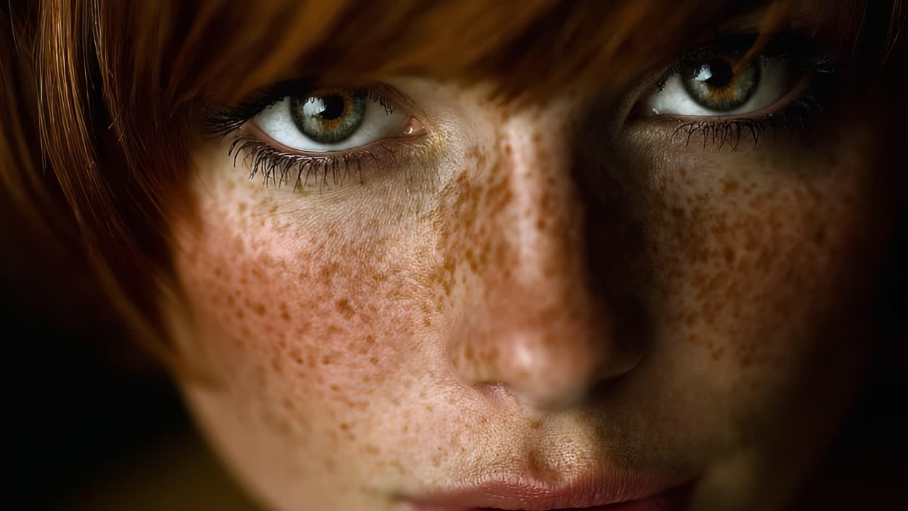 A Close-Up Portrait Capturing the Unique Beauty of a Young Woman with Stunning Freckles and Expressive Eyes, Highlighting Her Intriguing Features and Striking Appearance