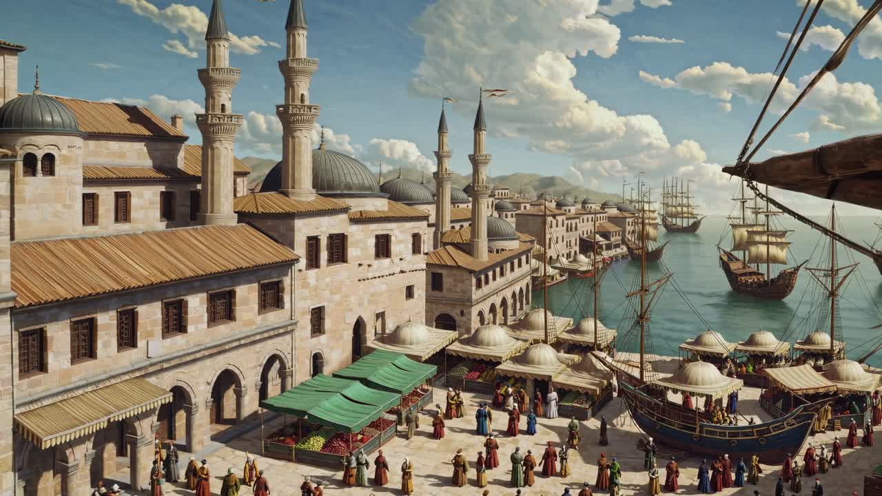 Aerial view of a bustling Middle Eastern market with vibrant spices and textiles