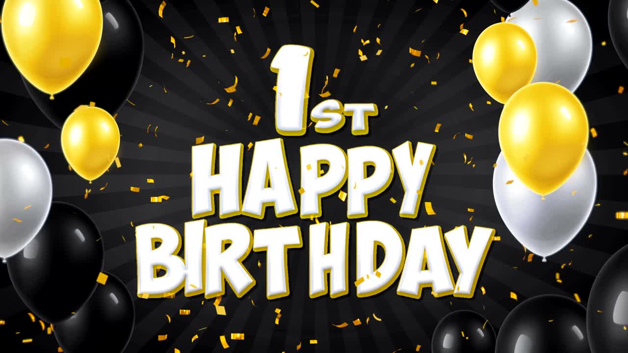 1o texto de cumpleaños feliz con confeti dorado cayendo y partículas de brillo, coloridos globos voladores animación de bucle sin fisuras para saludo de regalo, tarjeta de invitación, fiesta, celebración, festival.