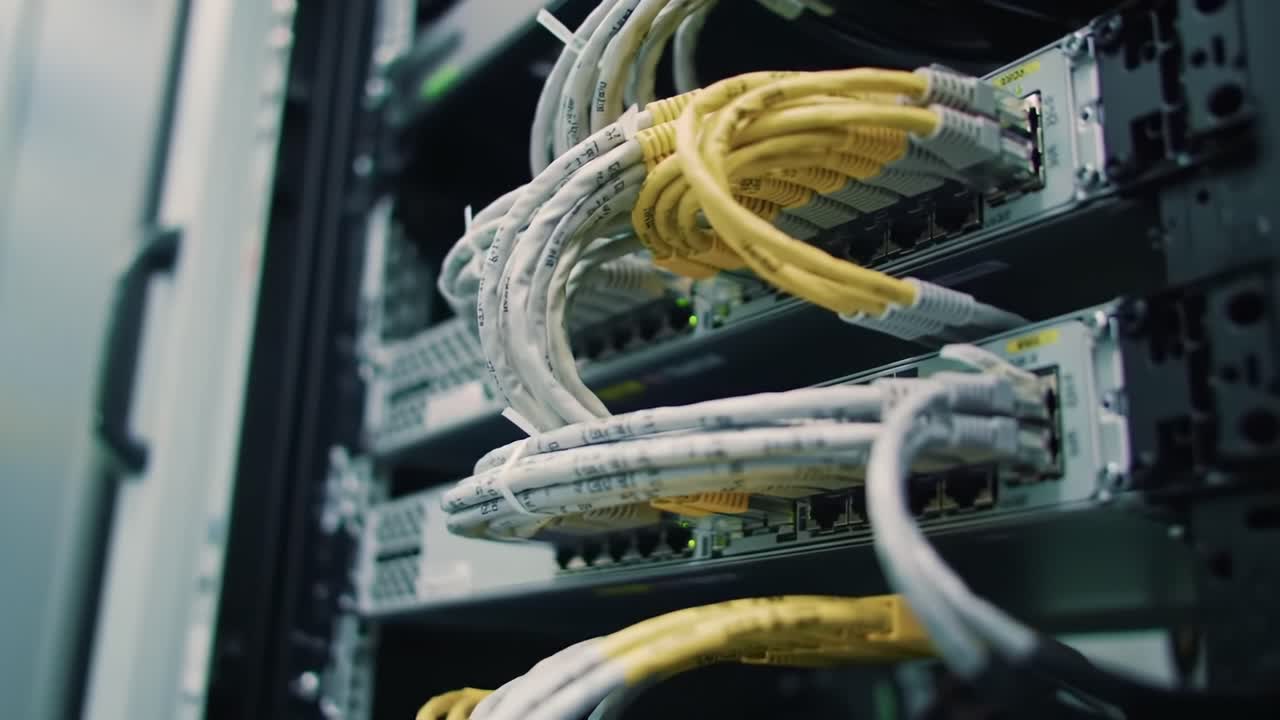 A Close-Up View of Network Infrastructure Showing Cables and Connections in a Data Center, Highlighting the Complexity of Modern Communication Technology