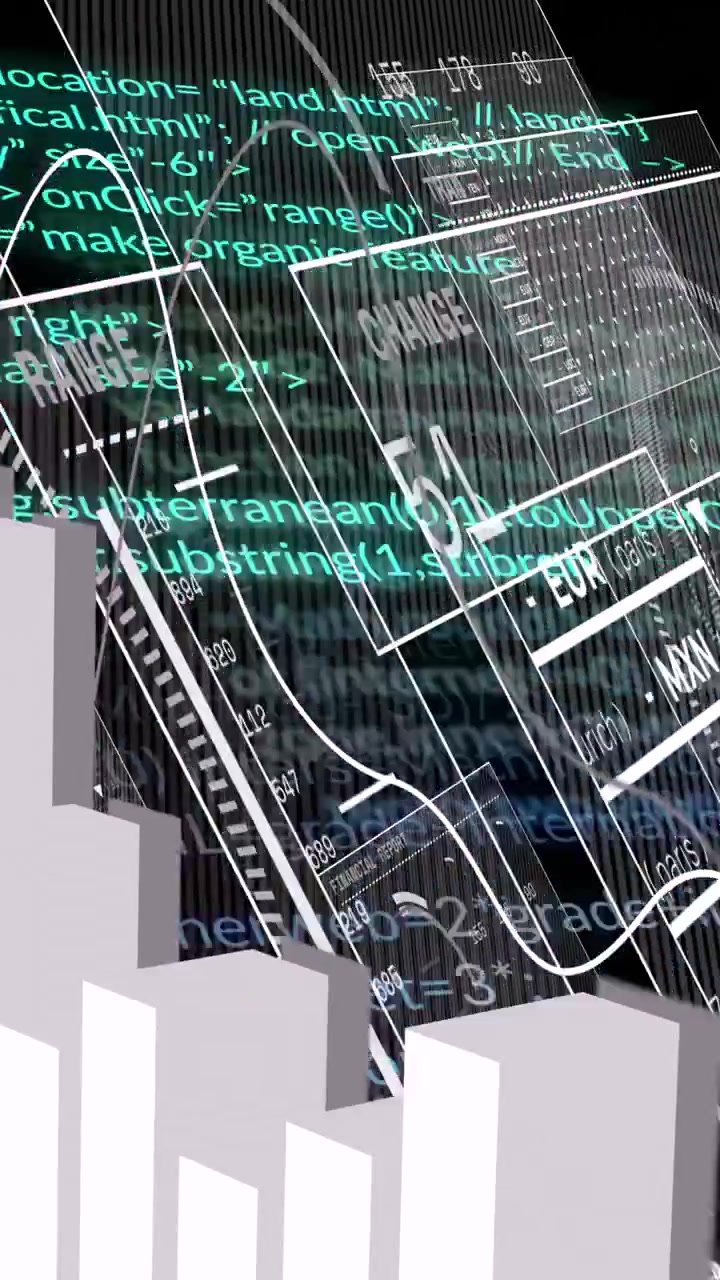 Animation of financial data processing on screens over black background