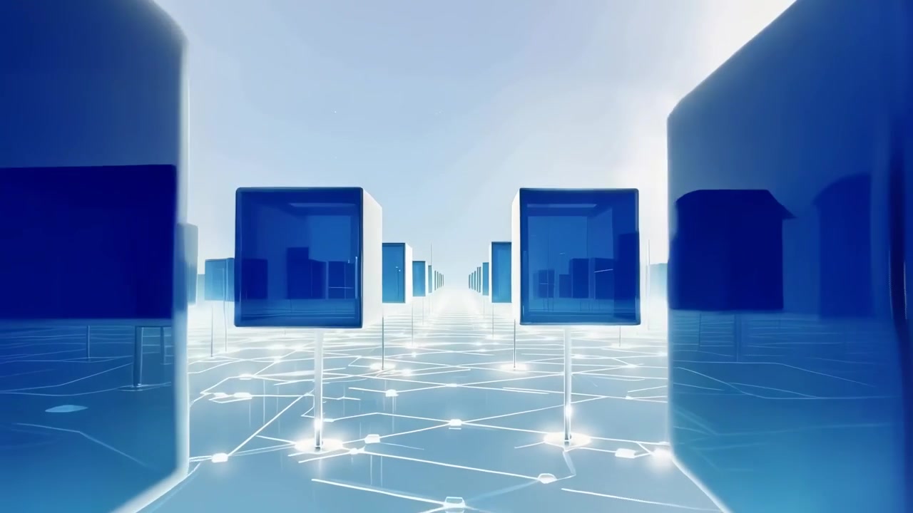 Abstract Technology Background with Glowing Cubes and Network Grid