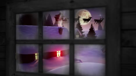 wooden window frame against multiple houses and trees on winter landscape moon in the night sky
