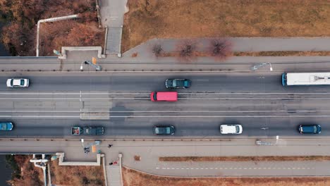 aerial view of bridge traffic. tracking the car that goes to the bridge