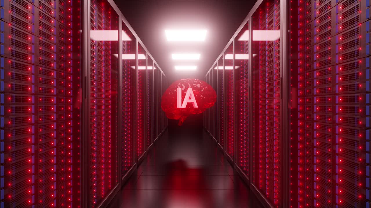 3D animation of illuminated data center and human brain ai concept