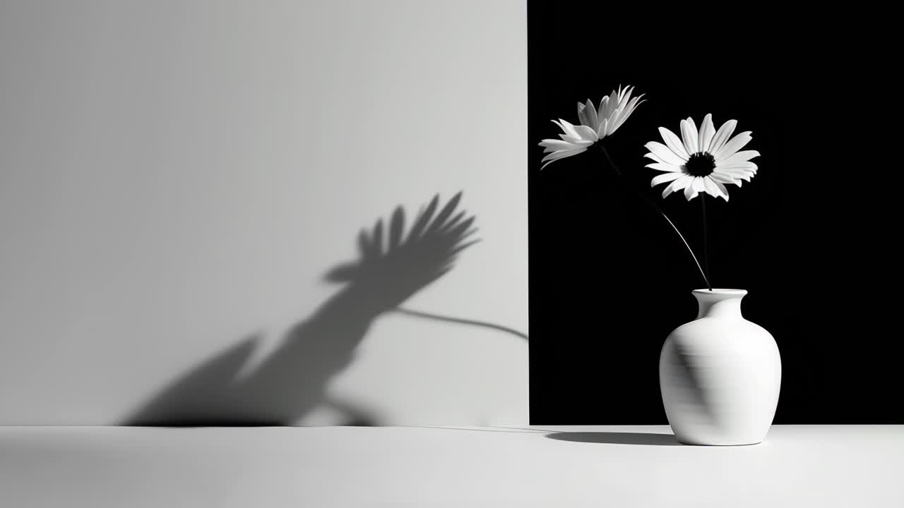 Minimalist black and white video concept with a side angle view of a vase casting a shadow