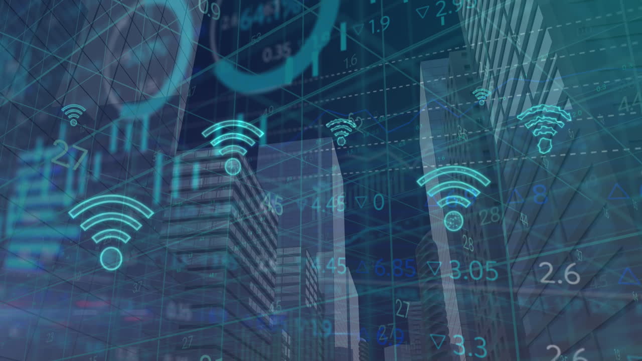 animazione di icone wifi e elaborazione di dati finanziari su cityscape