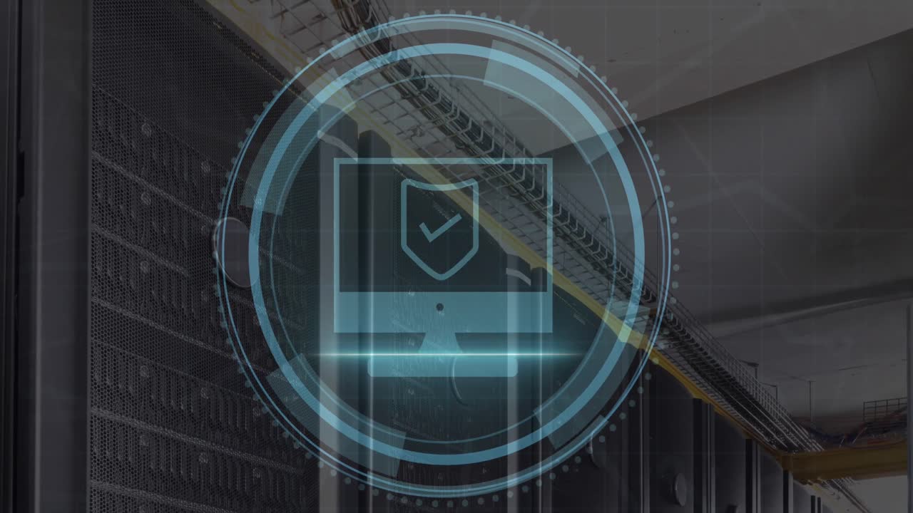 Cyber security text over round scanner against empty computer server room