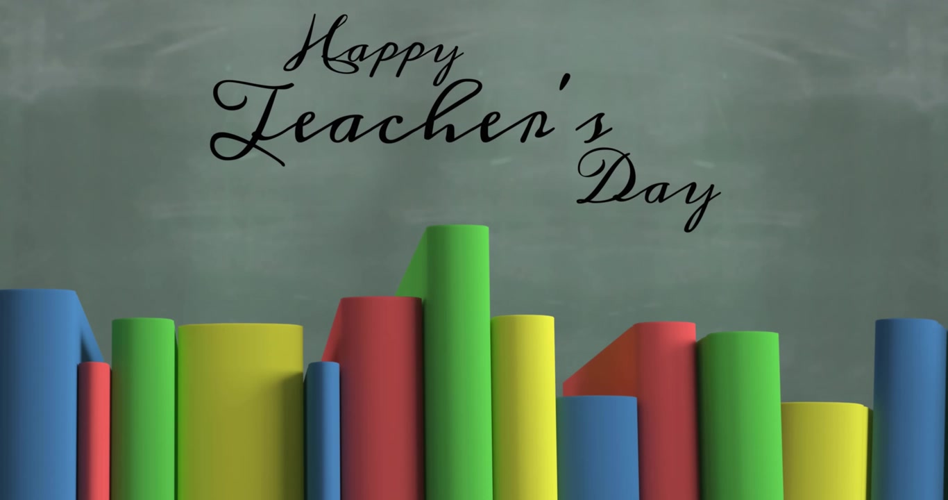 Animação de texto "Feliz Dia do Professor" e livros escolares em fundo verde
