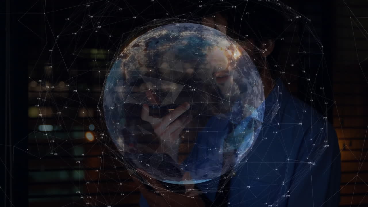 Man holding smartphone manipulating Earth globe, displaying network nodes and data for technology