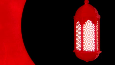 glowing celebration lantern hanging in moon on dark background. ramadan kareem islamic motion background. 3d loopable animation.