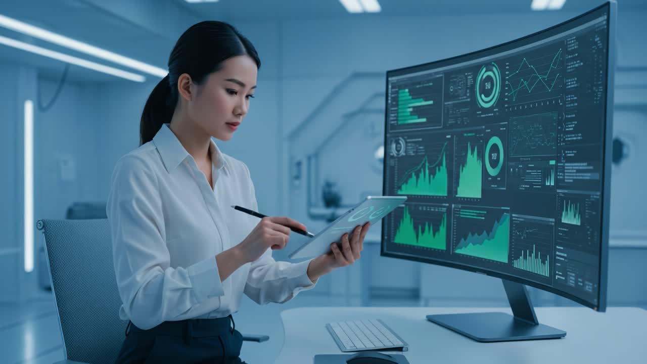 A focused professional analyzes data visualizations and graphs on a futuristic touchscreen device and dual screen setup in a modern office environment