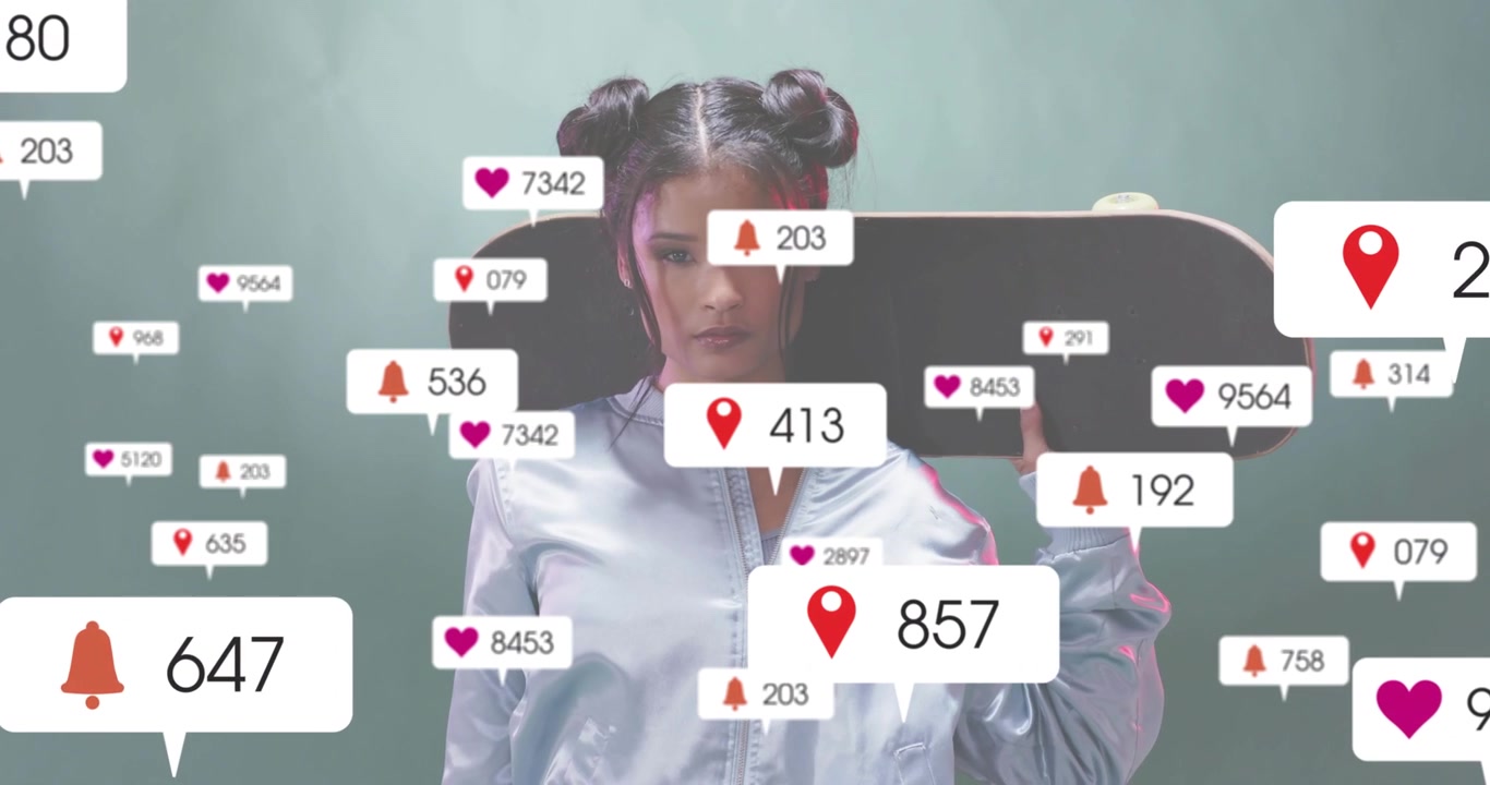Female marketer lifting skateboard causing social media icons swirling showing engagement boost