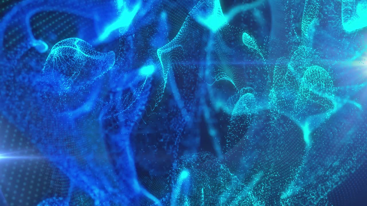 animación de formas de partículas azules brillantes y luces que se mueven sobre un fondo negro