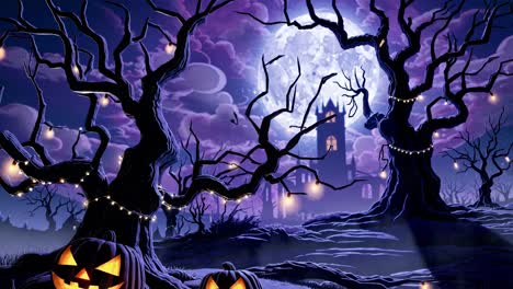 Spooky Halloween scene with twisted trees and pumpkins under a full moon