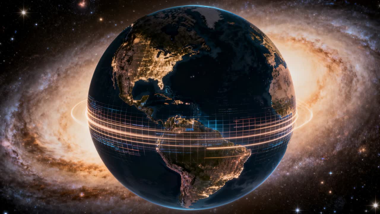 Sequenza di avvio, la Terra mostra le luci notturne delle Americhe, formando fasce e una griglia nello spazio con una galassia.