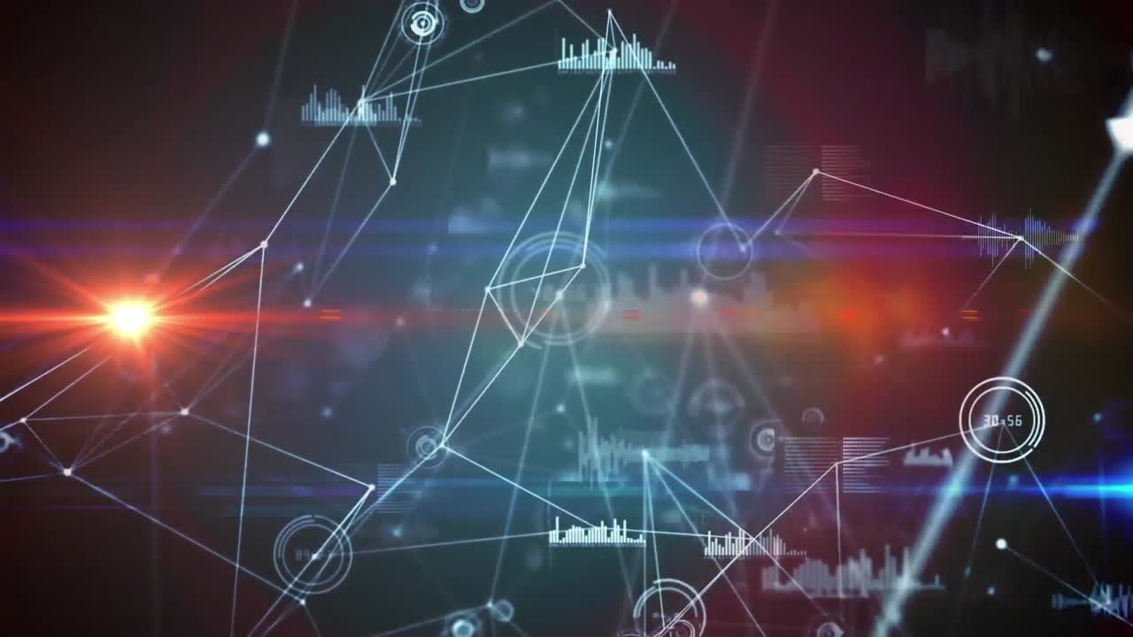 그래프, 연결된 점 및 원의 애니메이션, 검은 바탕에 컴퓨터 언어