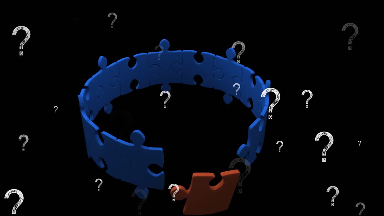 검은 바탕 위에 의문표와 퍼즐의 애니메이션