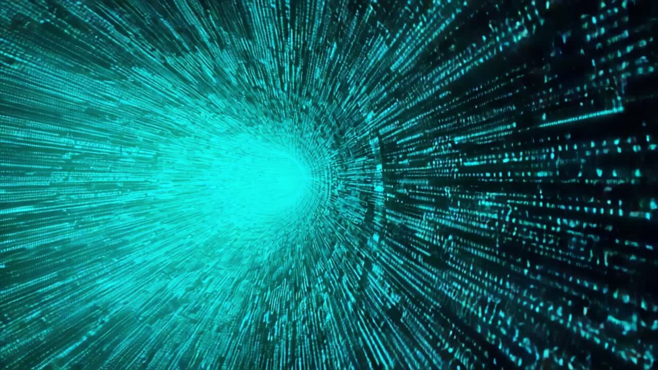 Luminous cyan binary code flying through a digital tunnel on a black background, representing the seamless flow of information and high speed data transfer through cyberspace