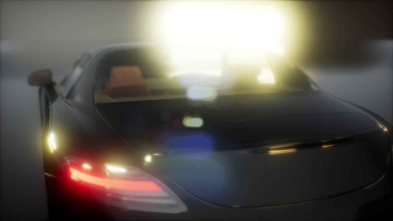 밝은 조명을 가진 어두운 스튜디오에서 럭셔리 스포츠 자동차