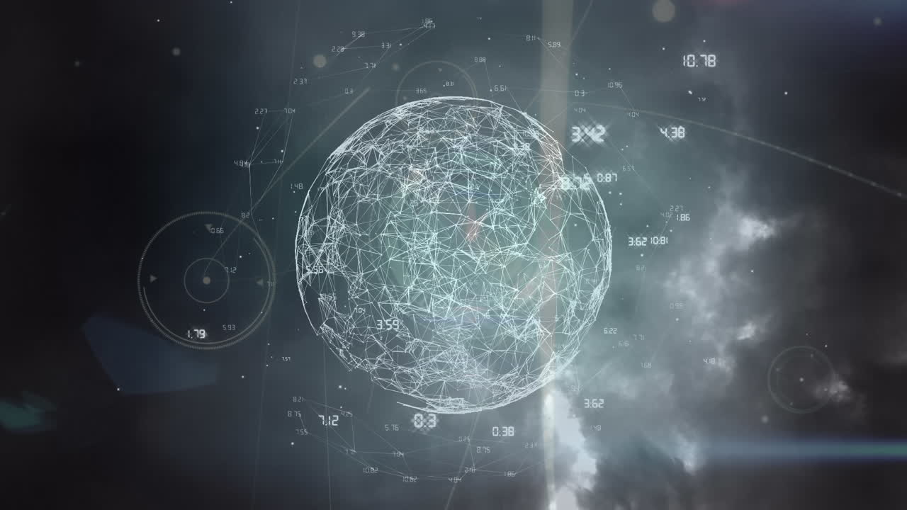 Animation of spinning globe of network of connections against thunderstorms in dark clouds
