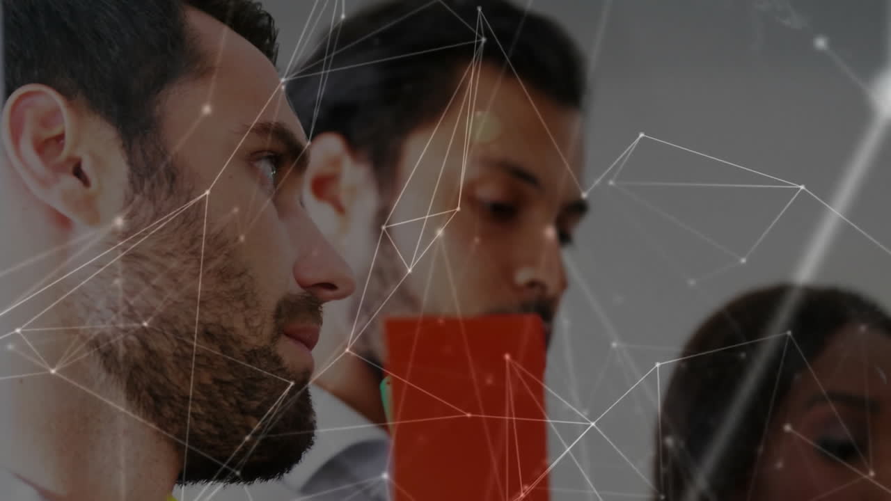 Network of connections animation over diverse people collaborating in office