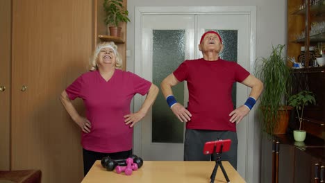 Elderly-man-woman-doing-fitness-exercises-starting-live-stream,-vlog,-blog,-online-distance-course