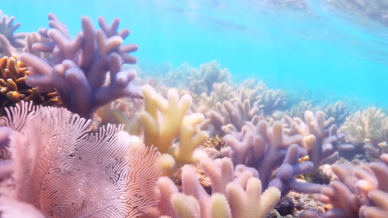 Colorful Underwater Coral Reef Scene With Pastel Soft Corals And Sea Fans Swaying In Clear Turquoise Shallow