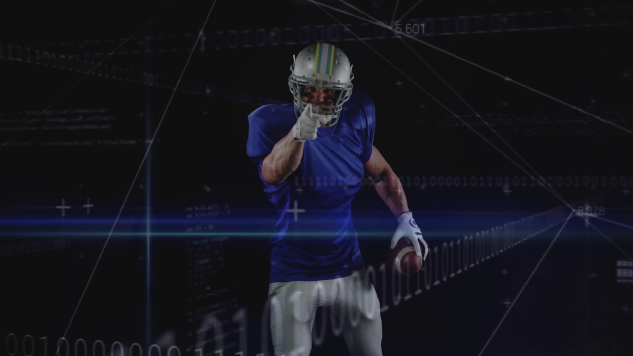 Pointing, American football player in blue jersey with digital animation overlay