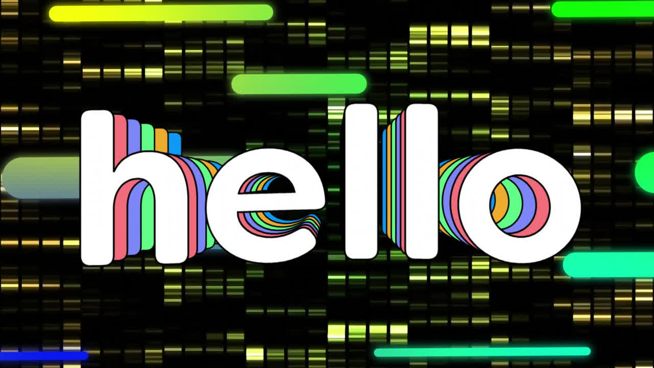 animación del texto de saludo sobre el fondo de patrón de neón