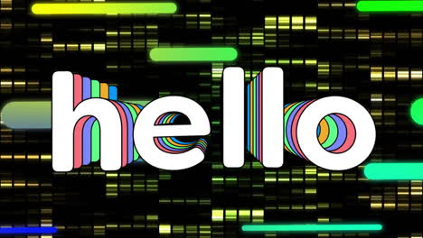 animation of hello text over neon pattern background