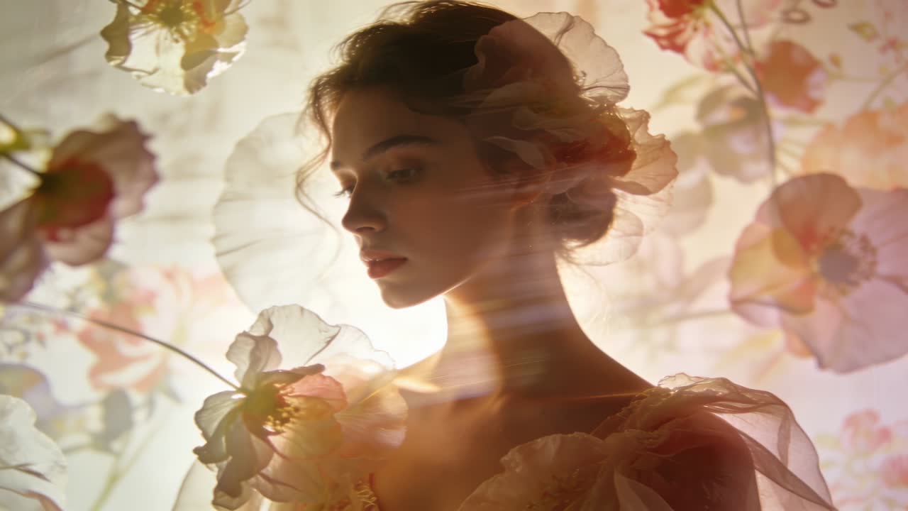 Modella in posa che inclina la testa in studio con un abito velato, sovrapposizioni floreali e un effetto lens flare che crea l'inclinazione.