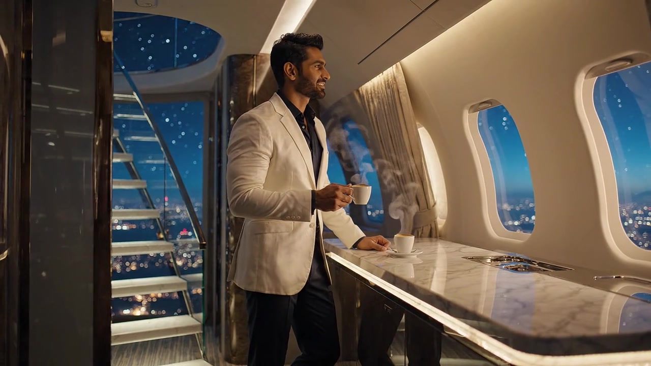 Un uomo elegante a bordo di un lussuoso aeromobile si gode un caffè mentre ammira un abbagliante paesaggio urbano notturno da un'ampia finestra, catturando l'essenza dell'opulenza e del comfort.