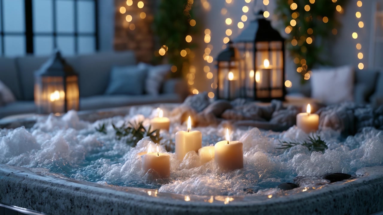 Un Rifugio Spa Tranquillo: Candele Rilassanti e Bolle Illuminano l'Atmosfera Serena di un'Oasi Bagno Moderna con Illuminazione d'Ambiente