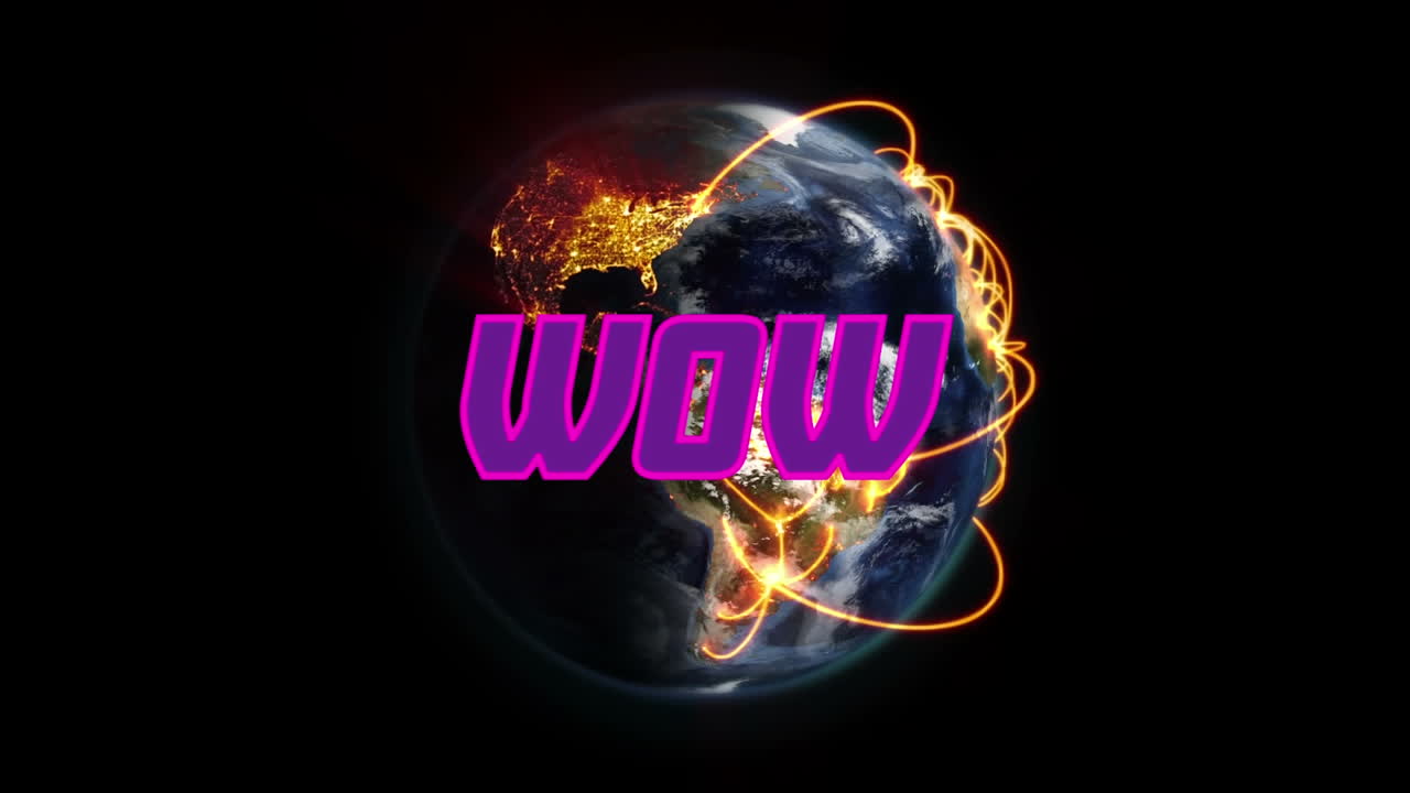 animación de texto wow sobre líneas en un globo giratorio contra un fondo negro