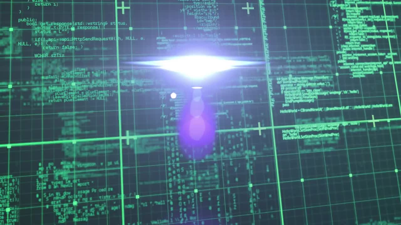 Animation of data processing over grid on black background