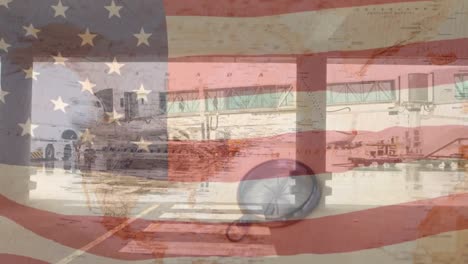 Animation-Des-Schwenkens-Der-US-Flagge-über-Dem-Flughafen-Und-Der-Karte