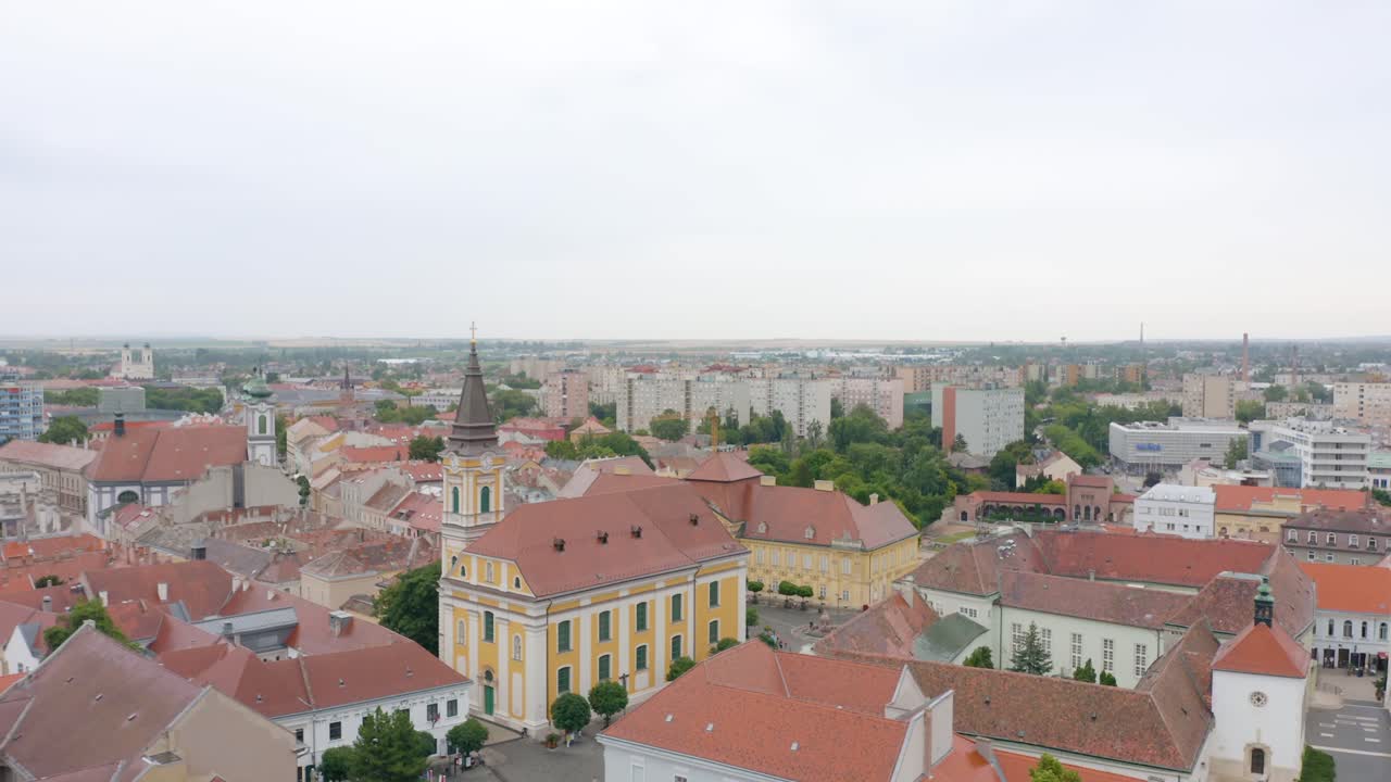Aerial View of a Historic Town Square in Hungary