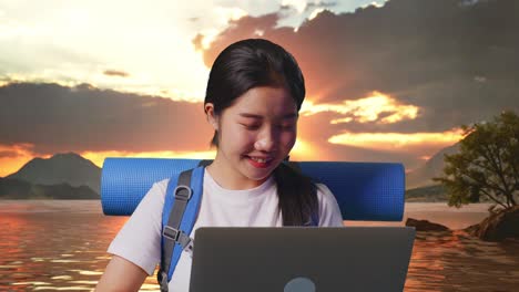 excited woman celebrating success while traveling