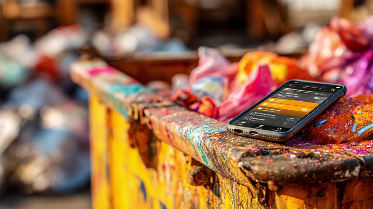 Smartphone Resting on Colorfully Painted Dumpster Surrounded by Garbage Bags, Capturing a Contrast Between Technology and Waste in Urban Environment