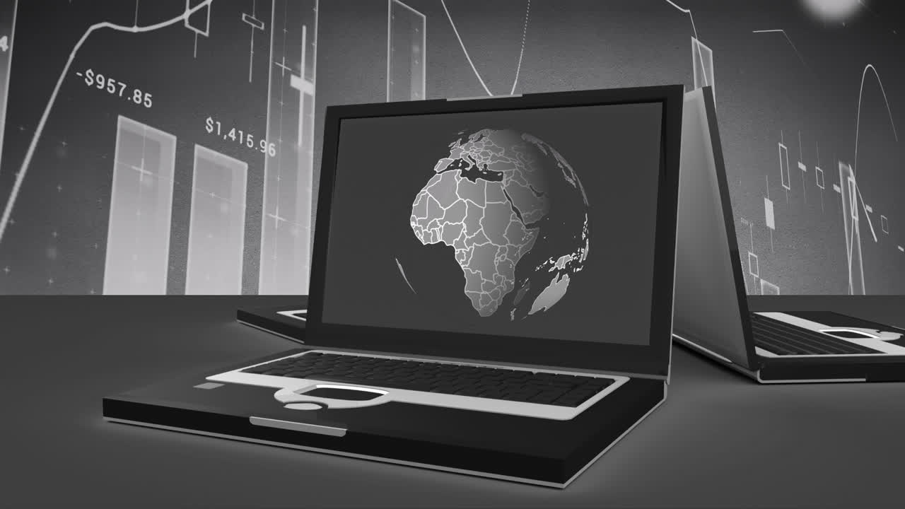 Animation of laptop with globe over graphs in grey space