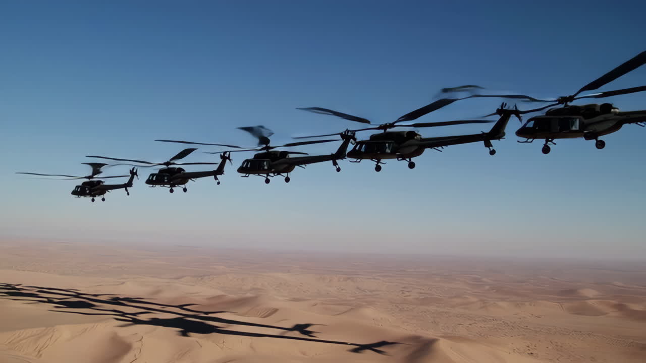 Military Helicopters in Flight Over a Desert Landscape