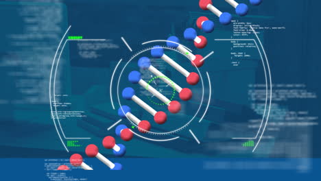 dna structure spinning over scope scanning and data processing against office desk