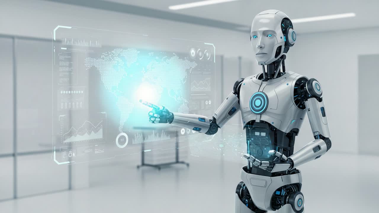 A Futuristic Robot Engaging with Interactive Holographic Display in a Modern Environment, Analyzing Data and Presenting Information with Advanced Technology