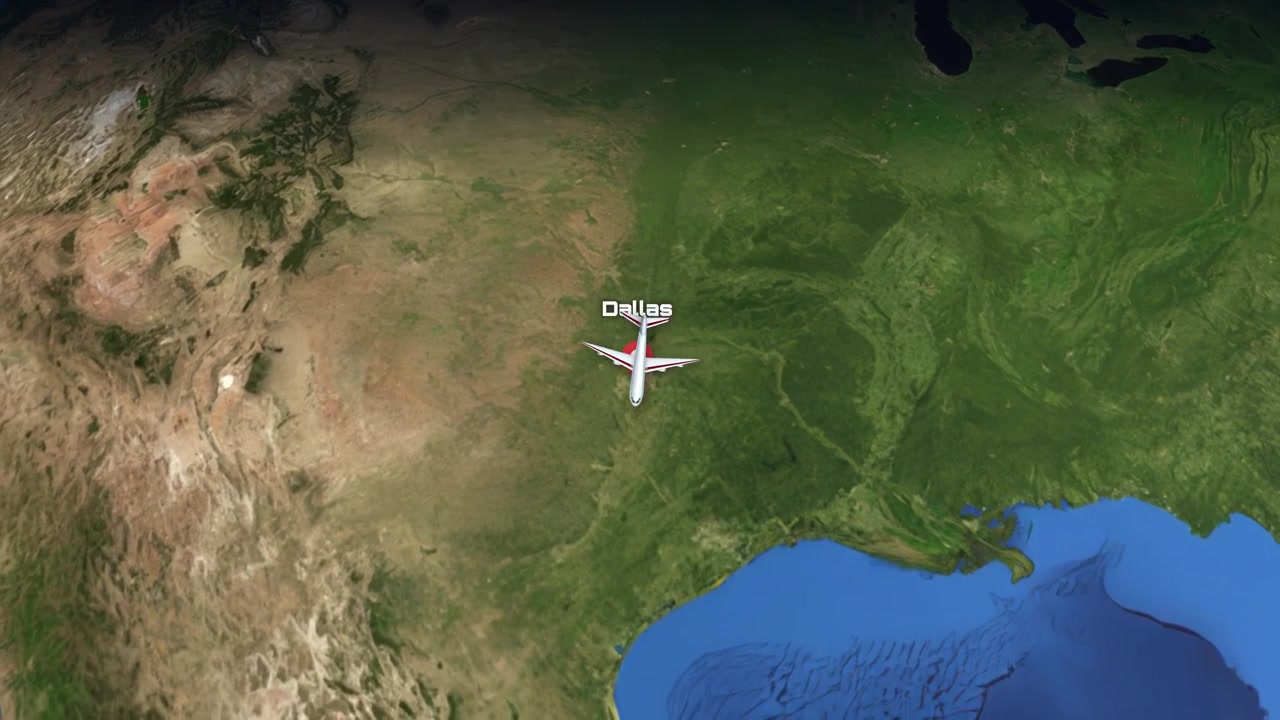 Animation af satellitvisning følger et kommercielt fly, der flyver fra Delhi, Indien til Dallas, Texas